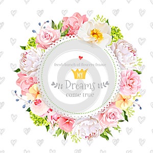 Peony, wild rose, orchid, carnation, camellia, hydrangea, blue berries and green leaves vector design round card.