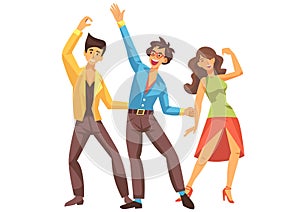 People in 1970s style clothes dancing disco, cartoon style vector illustration isolated on white background