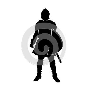 Silhouette of a male fighter with battle armor and sword weapon.