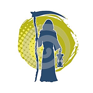 Silhouette of grimreaper folklore creature carrying scythe weapon. Silhouette of the angel of death