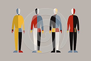 People, 4 male figures in the style of the avant-garde, Soviet painting, constructivism. Greeting card, banner, design elements