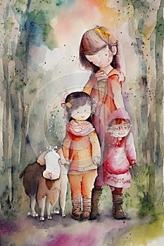people abstract watercolor painting on paper, kids story book style, muted colors, Ai-generated