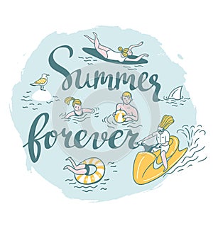 People Actively Relax, Swim in the Sea. Summer Sea Vacation Illustration.