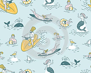 People Actively Relax, Swim in the Sea. Summer Sea Vacation Illustration.