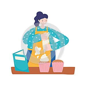 People activities, woman cooking sweet cupcakes recipe book cartoon