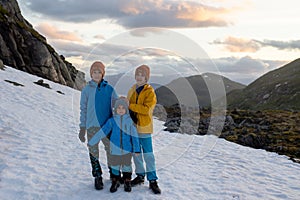 People, adult with kids and pet dog, hiking mount Hoven, enjoying the splendid view over Nordfjord from Loen skylift