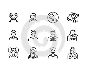 People age flat line icons set. Growth stage - baby boy, teenage girl, young woman, old man vector illustrations