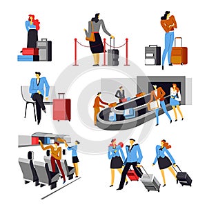 People in airport with bags, airplane crew set