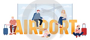 People in Airport Concept. Characters with Baggage Prepare for Airplane Flight Sitting in Waiting Area. Father with Son