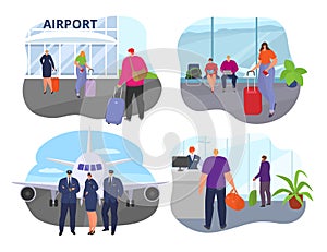 People in airport, flat man woman travel with luggage in set vector illustration. Terminal tourist departure cartoon