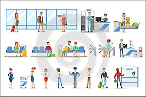 People In The Airport Interior, Passing Security Procedures, Waiting For The Flight And Arriving To Destination