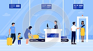 People in airport security check vector illustration, cartoon flat passengers put luggage baggage on conveyor belt