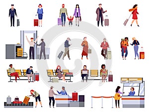 People airport set. Family travel registration passport control checkpoint security airport terminal luggage passenger