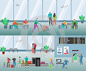 People in airport vector illustration. Cartoon flat man woman travel characters with baggage waiting flight, family