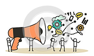 People announce advertising with megaphone vector illustration. Awareness focus loud speaker man and woman. Business banner