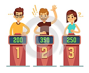 People answering questions and pressing buttons on quiz show. Conundrum game competition vector concept photo