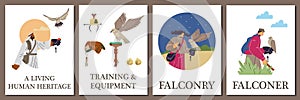 People, Arab falconers with hawking glove and falcon in the forest or desert nature, vector Falconry vector posters set