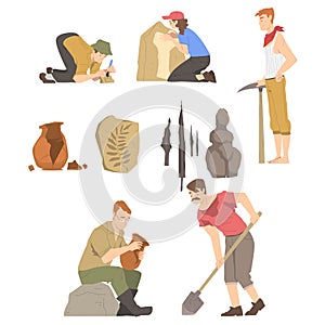 People Archaeologist Working on Excavations in Search of Archaeological Remains Vector Set