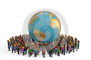 People as a circle around globe isolated on white background. 3D illustration.