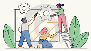 People Assembling Abstract Structure, Teamwork and Problem Solving, vector design Generative AI