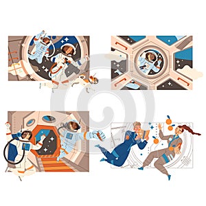 People Astronaut Character in Outer Space in Spacesuit Flying on Space Shuttle Vector Set