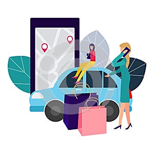 People and auto. Making deals online. Car rent. Vector illustration in flat style