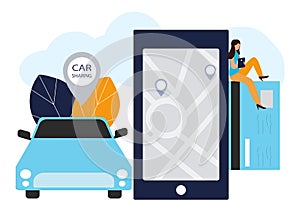 People and auto. Making deals online. Car rent. Vector illustration in flat style