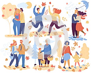 People in autumn park vector happy man woman and kid character walking in love picking leaves mushrooms outdoor