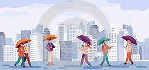 People autumn rain. Men and women walk or standing in rain with umbrellas in city landscapes, rainy day fall season vector concept