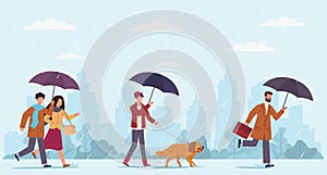 People autumn rain. Women and men with umbrella walking at rainy windy day on street, boy walking with dog and