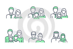 People avatar flat icons. Vector illustration included icon as man, female head, muslim, senior, familes and couples