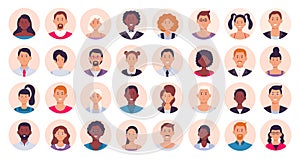 People avatar. Smiling human circle portrait, female and male person round avatars flat icon vector illustration collection