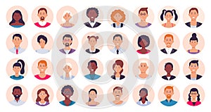 People avatar. Smiling human circle portrait, female and male person round avatars flat icon vector illustration