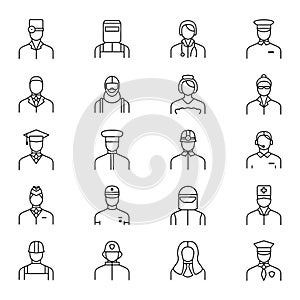 People Avatars Characters Staff Black Thin Line Icon Set. Vector