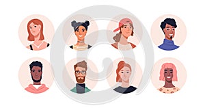 People avatars set. Diverse men and women head portraits. Happy users in circles. Different round face profiles with