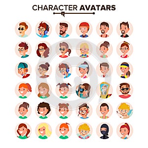 People Avatars Set Vector. Default Character Avatar Placeholder. Face, Emotions. Flat, Cartoon, Comic Art Flat Isolated