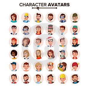 People Avatars Set Vector. Face, Emotions. Default Character Avatar Placeholder. Flat, Cartoon, Comic Art Flat Isolated