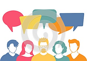 People avatars with speech bubbles. Men and woman communication, talking llustration. Coworkers, team, thinking