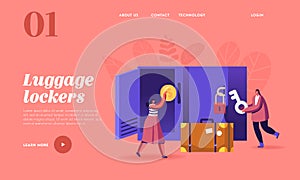 People at Baggage Storage Landing Page Template.Tiny Female Characters Use Luggage Keeping Service Put Bags in Lockers
