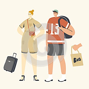 People with Bags Concept. Woman with Reticule, Man with Backpack. Suitcase for Summer Vacation Trip and Eco Tote Bag photo