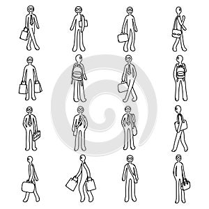 People with bags Doodle vector icon set. Drawing sketch illustration hand drawn line eps10