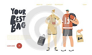 People with Bags Landing Page Template. Woman with Reticule, Man with Backpack. Suitcase for Vacation and Eco Tote Bag photo