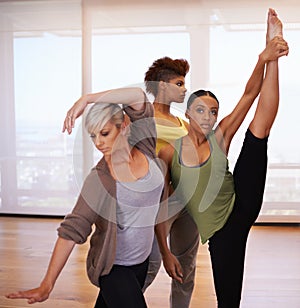 People, ballet and dance choreography in studio, performance and training together for rehearsal. Women, competitive and