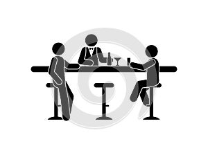 People at the bar, bartender stick figure human silhouettes, simple flat illustration, drinks in glass and bottle, man