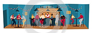 People in bar, friends meet in pub, night restaurant, men and women drink alcohol, vector illustration