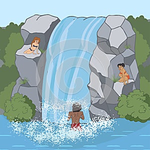 People bathe in waterfall cartoon