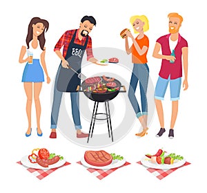 People on BBQ Party Icons Vector Illustration