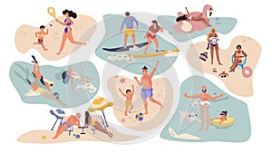 People beach activities. Cartoon characters on summer vacation, surfing swimming sunbathing outdoor scenes