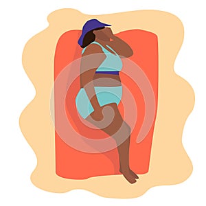 People at beach. Body positive woman lying. Cartoon flat style character sunbathing, summer activities. Summertime