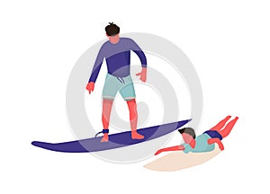 People at beach. Cartoon men surfing. Cute characters swimming together with surfboard. Active leisure pastime and water